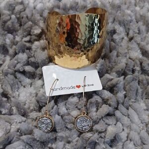 Gold Hammered Cuff and Glitter Earrings Set